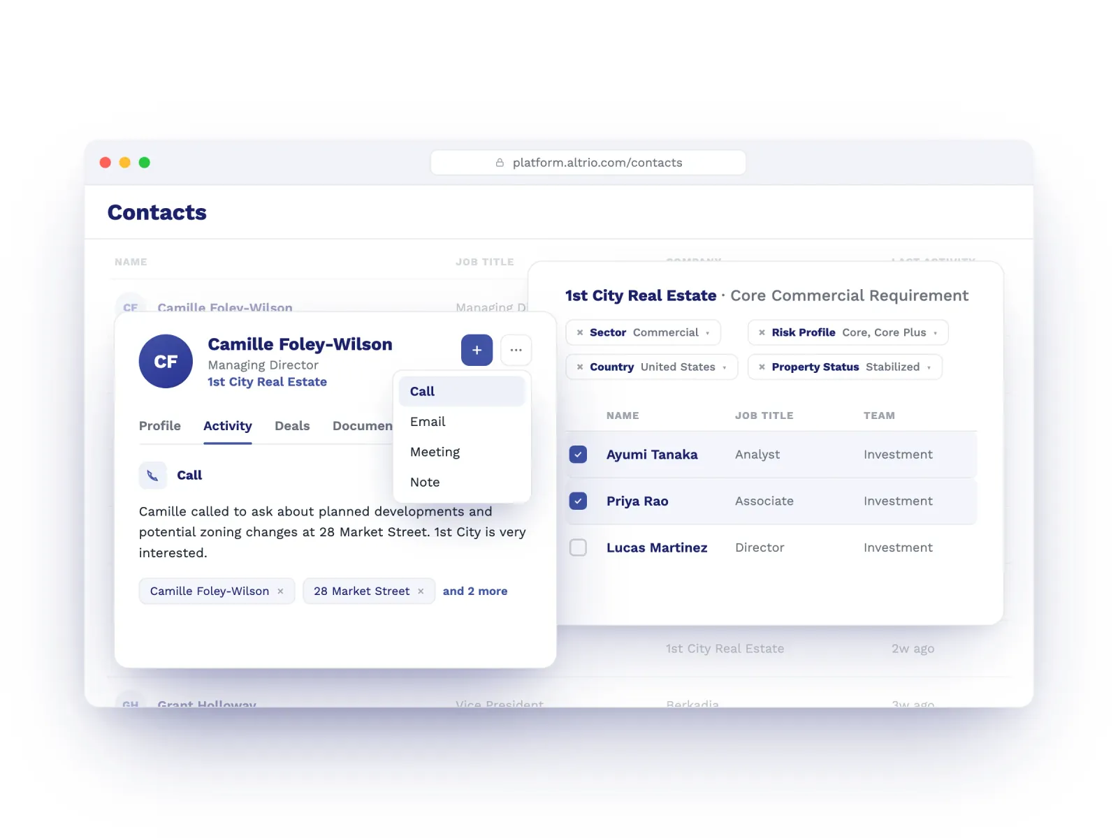 Altrio's contacts view: a relationship profile with logged calls, emails, and meetings, alongside a panel matching a firm's buy-box requirement to the right team members.