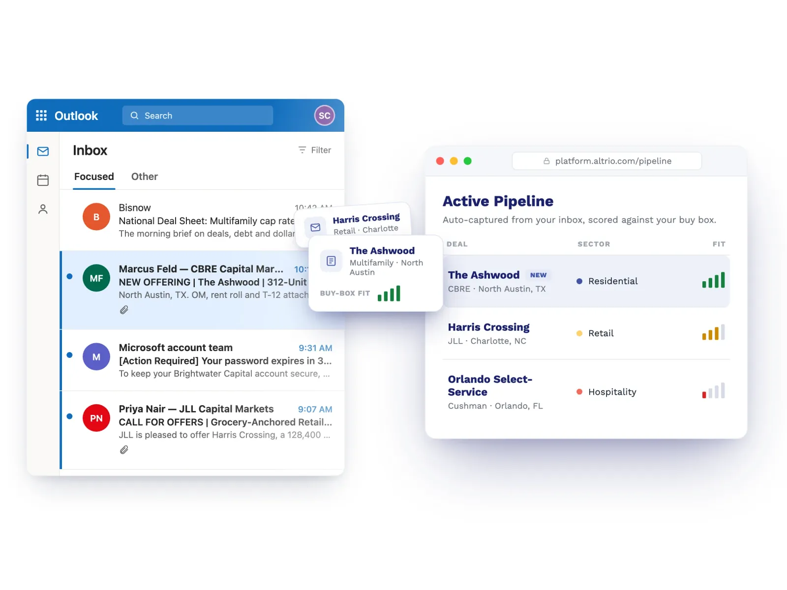 Altrio capturing inbound broker emails from an Outlook inbox and turning them into a live deal pipeline scored against your buy box.