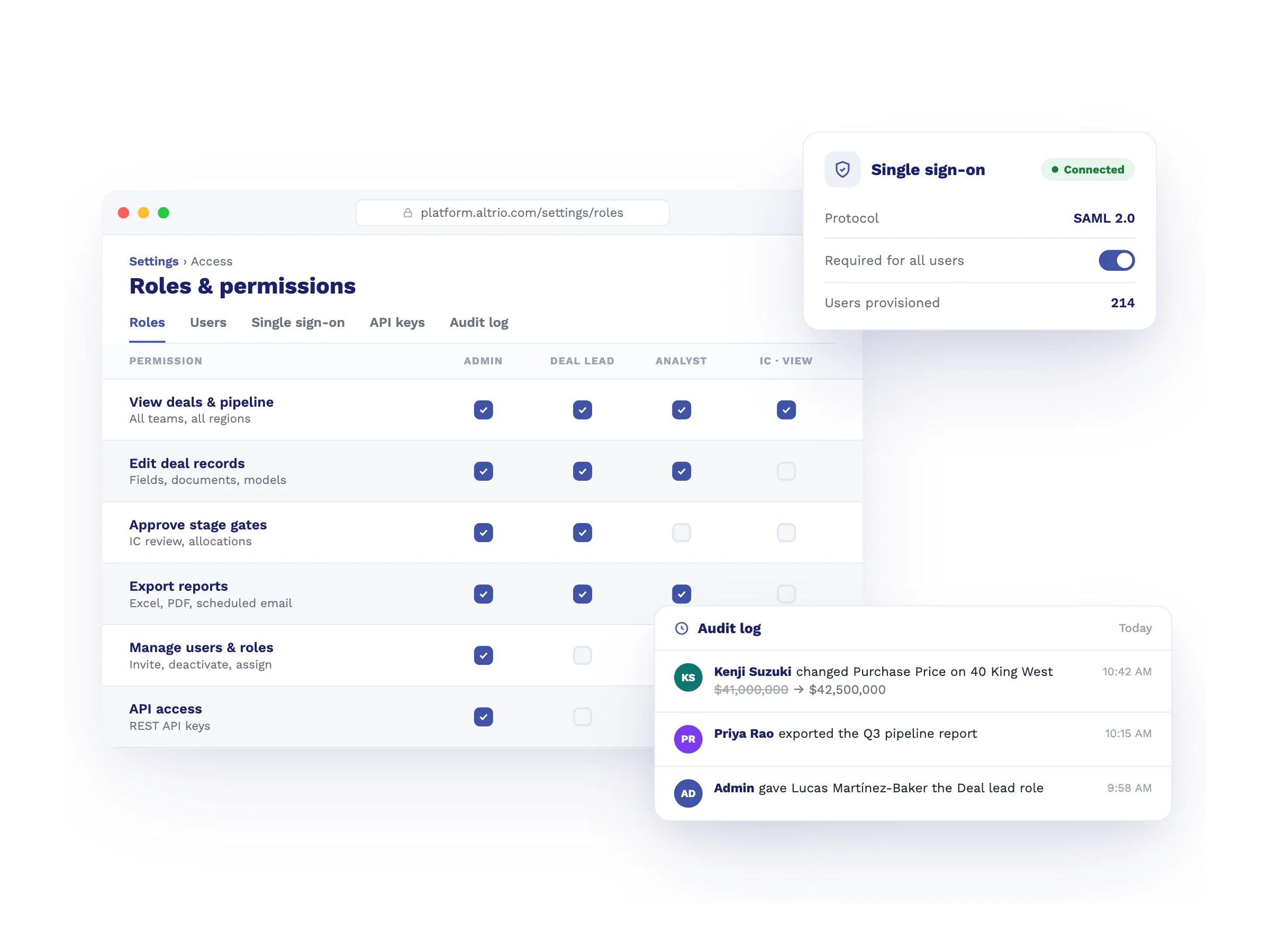 Altrio's roles and permissions settings, with single sign-on connected and an audit log of recent changes.