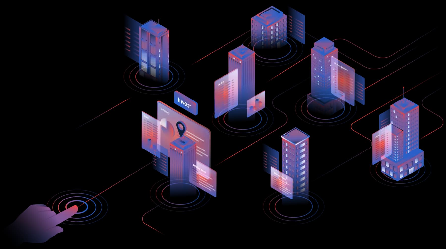 A group of buildings with a red and blue background